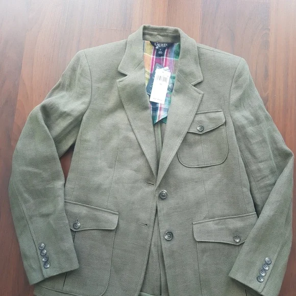 Lauren Ralph Lauren Herringbone Linen Blazer In Olive Fern Size 12 NWT $345 - Picture 9 of 12